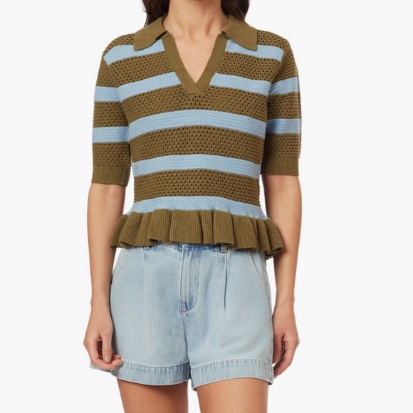 Scotch & Soda NWT Pointelle Collared Short sleeve Vneck Peplum Sweater - Picture 12 of 17